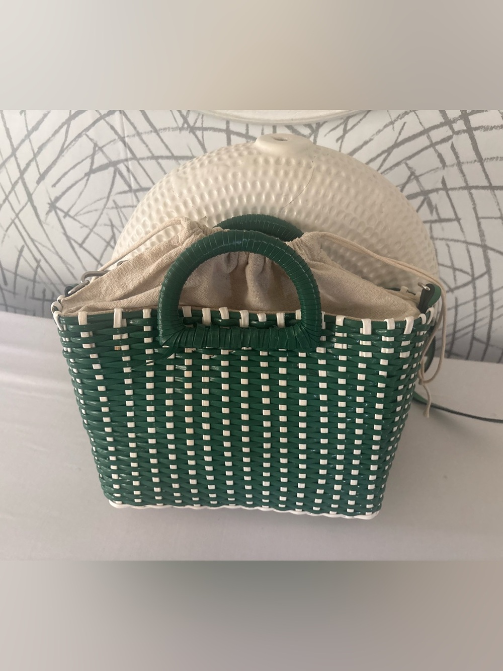 Zara Green & White Woven Basket Bag Tote with Crossbody Strap. 3322/004/202
